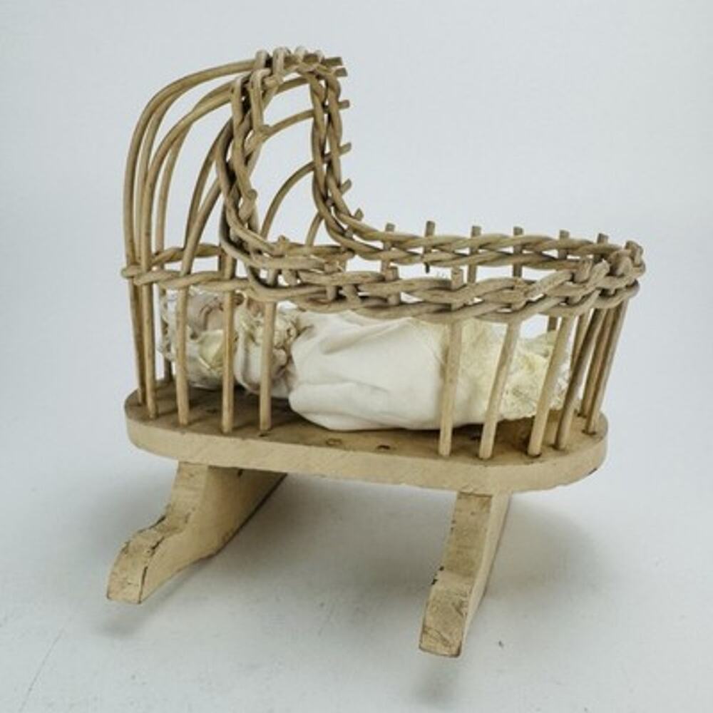 Vintage Shackman Miniature Bisque Baby Doll Wicker Cradle Crying Christening